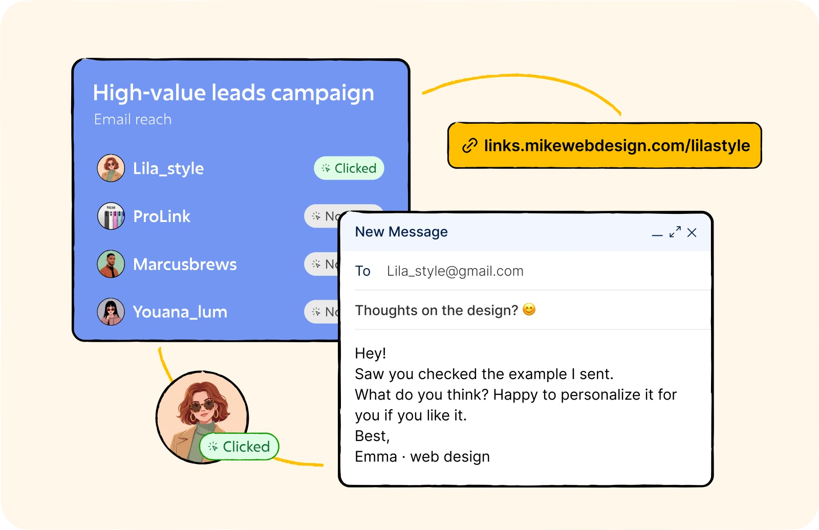 Email campaign showing which recipient clicked a tracked link before a follow-up